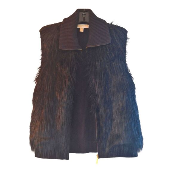 Michael Kors Faux Fur Zip Up Sweater Vest Black size XL Shaggy Vegan Furry - Picture 1 of 16